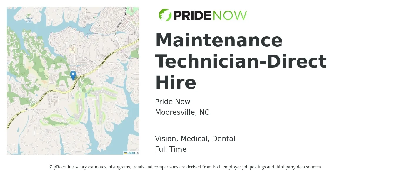 Pride Now job posting for a Maintenance Technician-Direct Hire in Mooresville, NC with a salary of $29 Hourly and benefits including dental, life_insurance, medical, retirement, and vision with a map of Mooresville location.