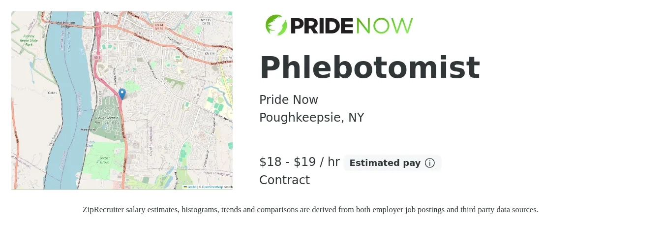 Pride Now job posting for a Phlebotomist in Poughkeepsie, NY with a salary of $19 to $20 Hourly with a map of Poughkeepsie location.