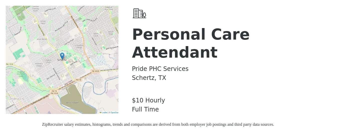 Pride PHC Services job posting for a Personal Care Attendant in Schertz, TX with a salary of $11 Hourly with a map of Schertz location.