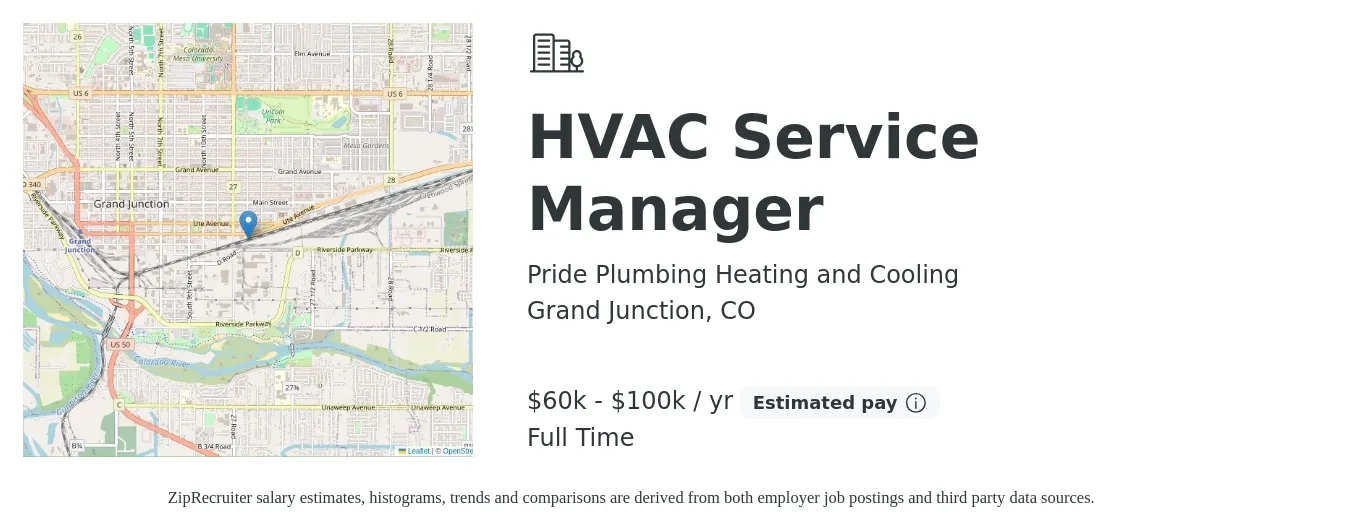 Pride Plumbing Heating and Cooling job posting for a HVAC Service Manager in Grand Junction, CO with a salary of $60,000 to $100,000 Yearly with a map of Grand Junction location.