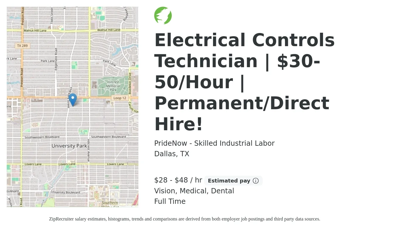 PrideNow - Skilled Industrial Labor job posting for a Electrical Controls Technician | $30-50/Hour | Permanent/Direct Hire! in Dallas, TX with a salary of $30 to $50 Hourly and benefits including life_insurance, medical, pto, vision, and dental with a map of Dallas location.