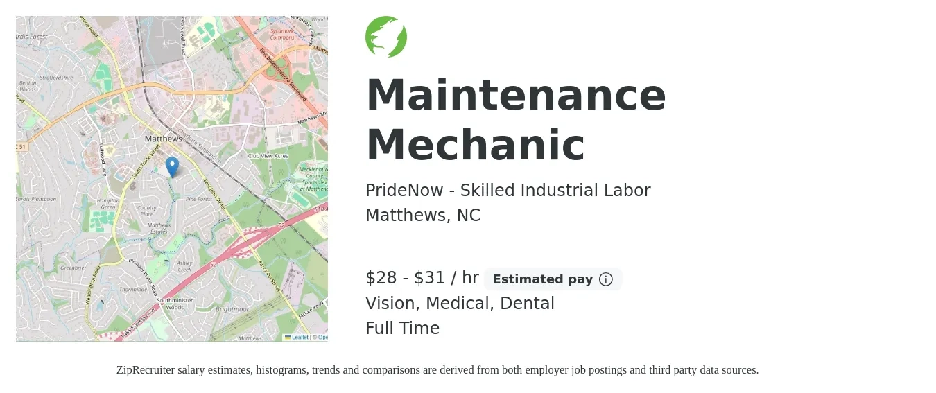 PrideNow - Skilled Industrial Labor job posting for a Maintenance Mechanic in Matthews, NC with a salary of $30 to $33 Hourly and benefits including vision, dental, life_insurance, medical, and pto with a map of Matthews location.