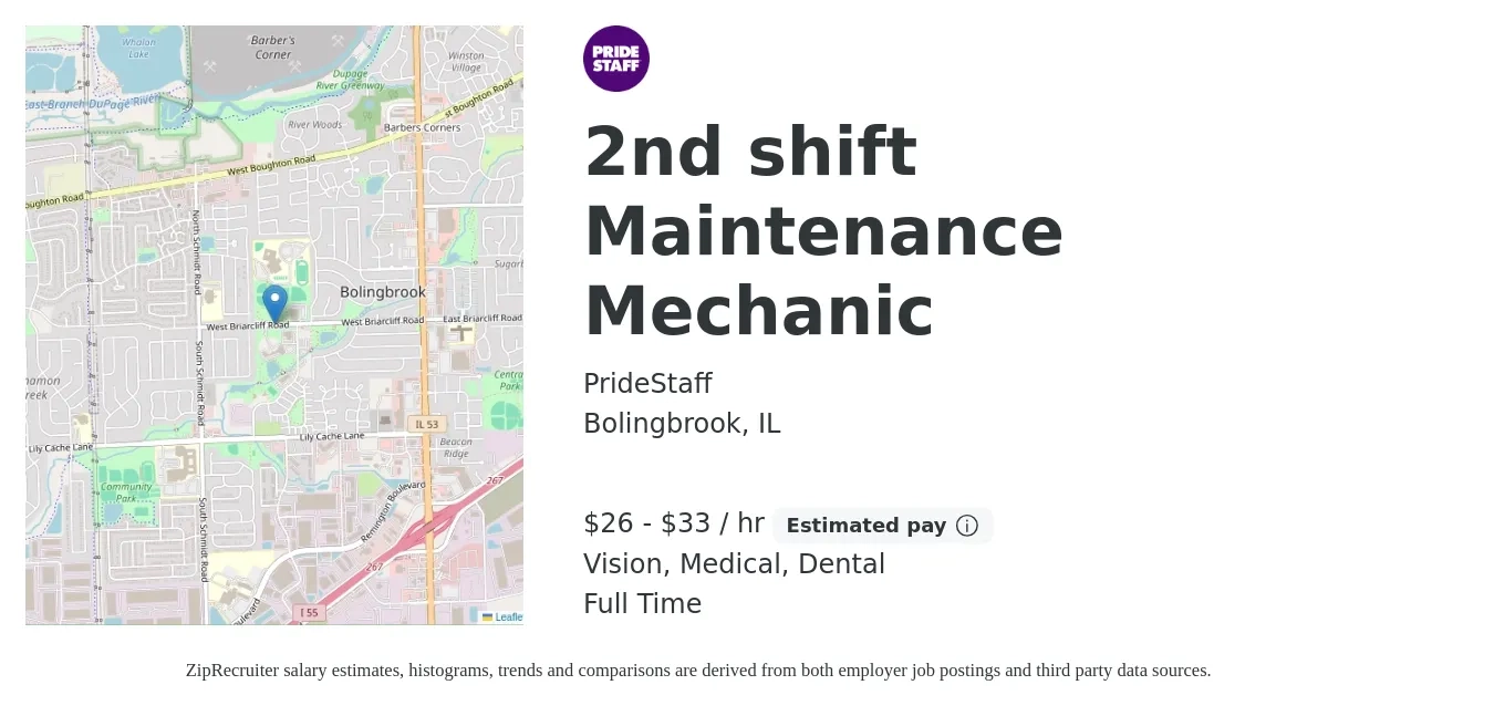 PrideStaff job posting for a 2nd shift Maintenance Mechanic in Bolingbrook, IL with a salary of $29 to $37 Hourly and benefits including vision, dental, and medical with a map of Bolingbrook location.