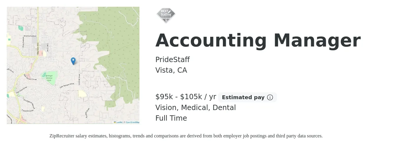 PrideStaff job posting for a Accounting Manager in Vista, CA with a salary of $95,000 to $105,000 Yearly and benefits including vision, dental, medical, and pto with a map of Vista location.