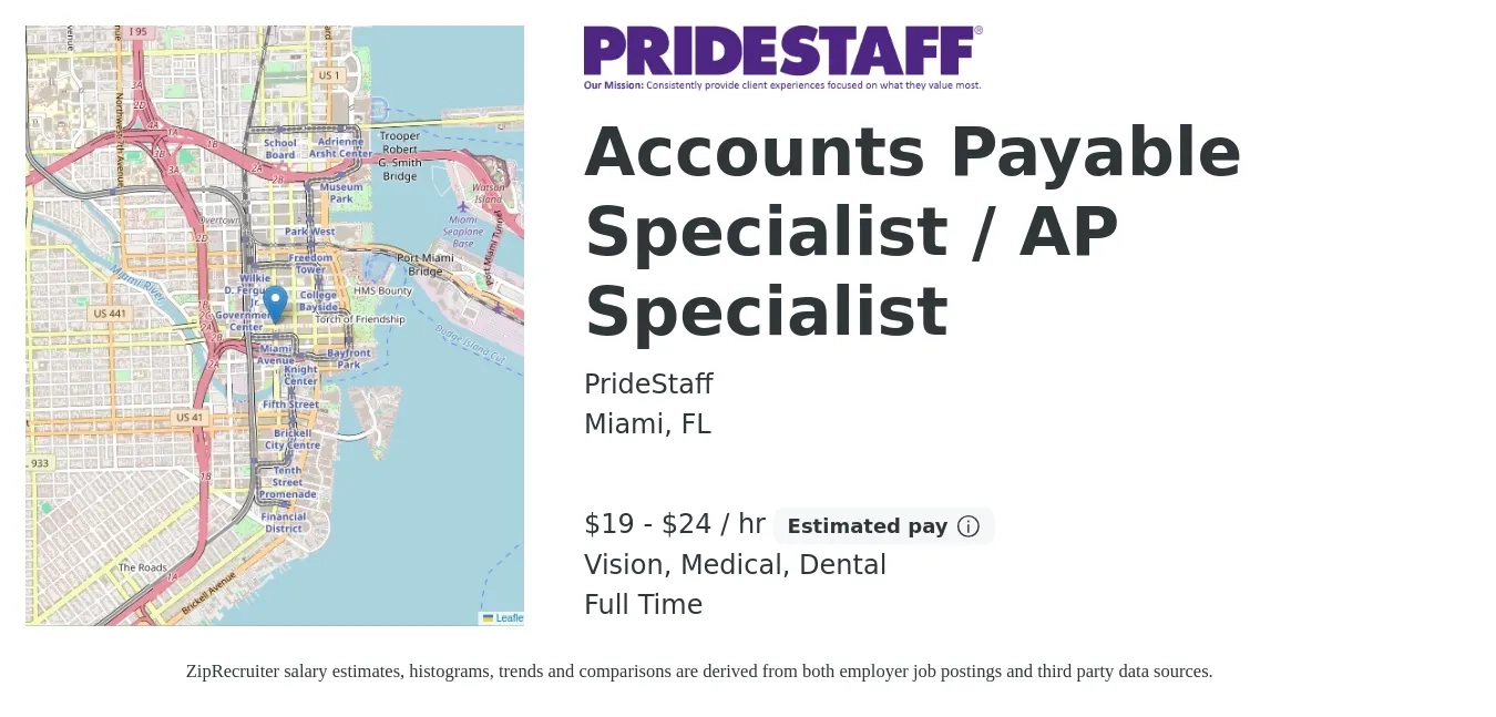 PrideStaff job posting for a Accounts Payable Specialist / AP Specialist in Miami, FL with a salary of $20 to $25 Hourly and benefits including medical, retirement, vision, dental, and life_insurance with a map of Miami location.
