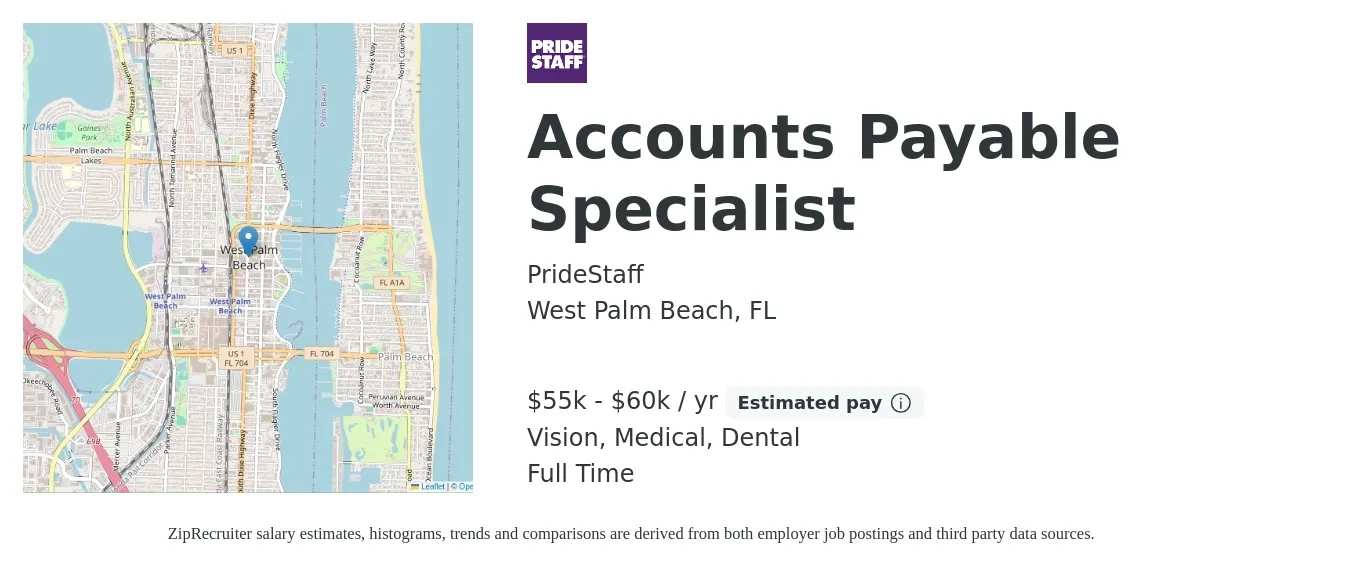 PrideStaff job posting for a Accounts Payable Specialist in West Palm Beach, FL with a salary of $25 to $28 Hourly and benefits including medical, retirement, vision, dental, and life_insurance with a map of West Palm Beach location.