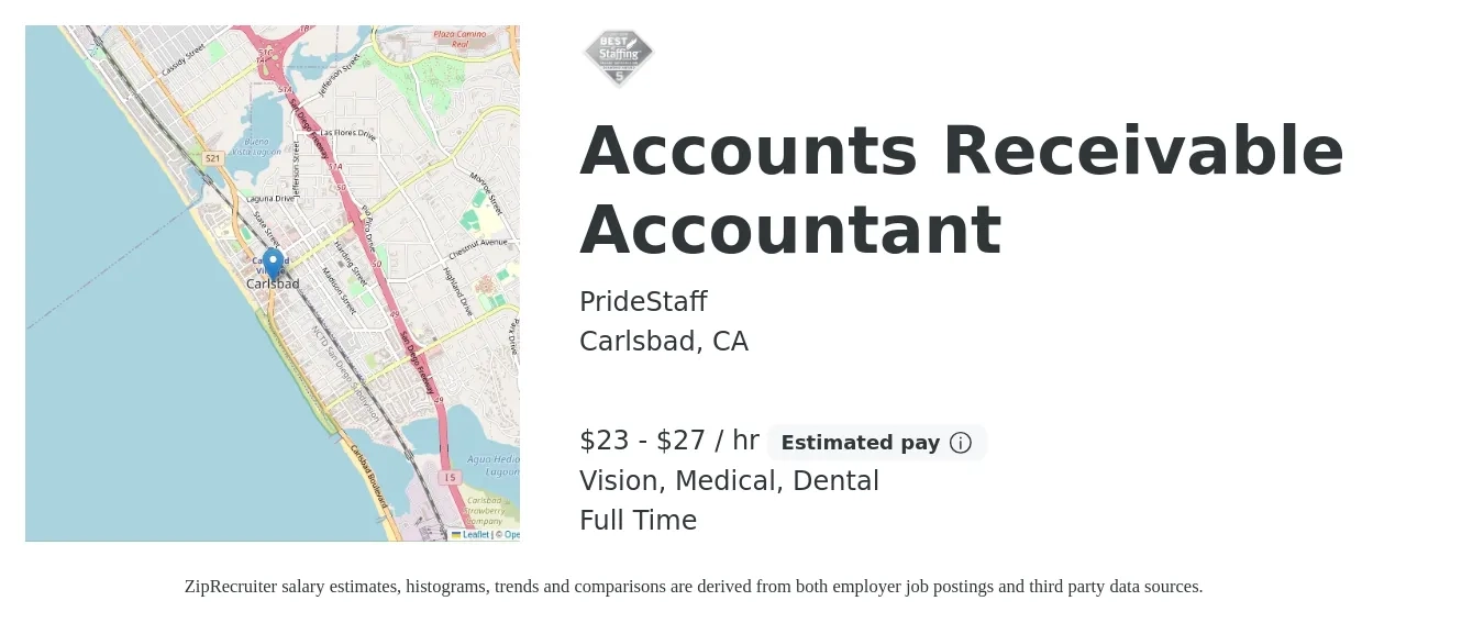 PrideStaff job posting for a Accounts Receivable Accountant in Carlsbad, CA with a salary of $24 to $29 Hourly and benefits including dental, medical, retirement, and vision with a map of Carlsbad location.