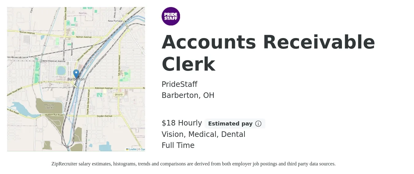 PrideStaff job posting for a Accounts Receivable Clerk in Barberton, OH with a salary of $19 Hourly and benefits including life_insurance, medical, retirement, vision, and dental with a map of Barberton location.