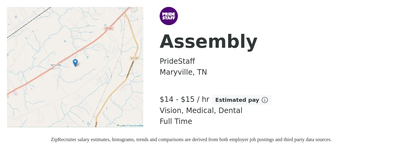 PrideStaff job posting for a Assembly in Maryville, TN with a salary of $16 to $16 Hourly and benefits including vision, dental, and medical with a map of Maryville location.