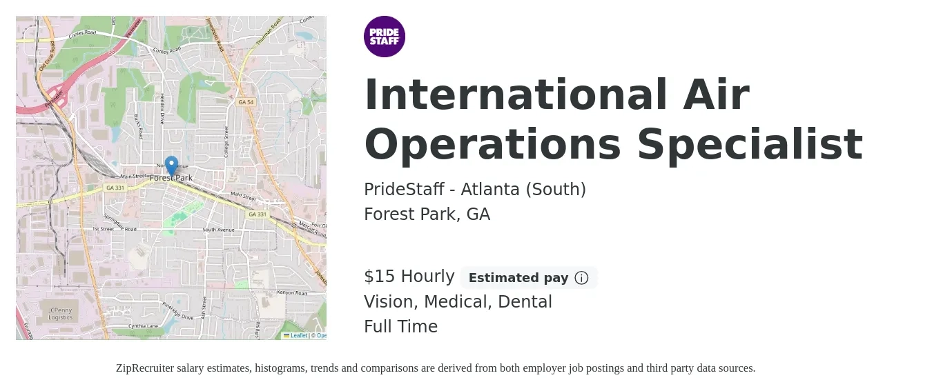 PrideStaff - Atlanta (South) job posting for a International Air Operations Specialist in Forest Park, GA with a salary of $16 Hourly and benefits including retirement, vision, dental, and medical with a map of Forest Park location.