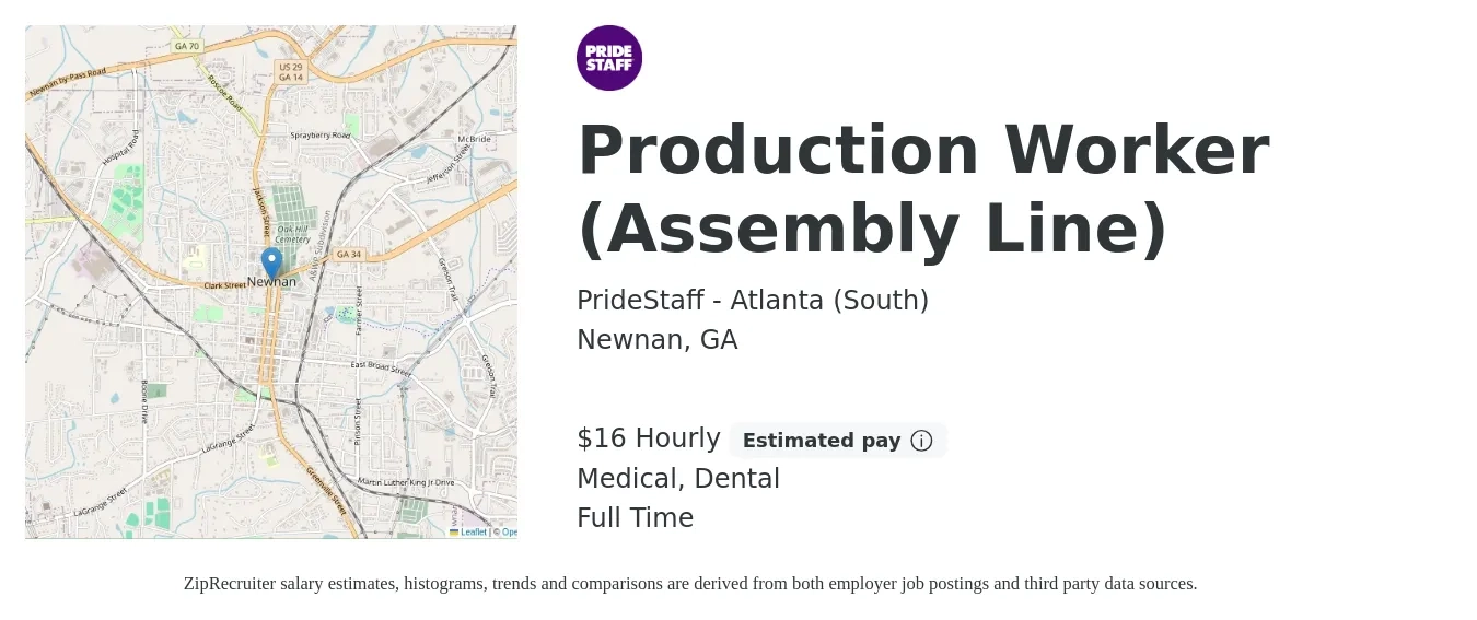 PrideStaff - Atlanta (South) job posting for a Production Worker (Assembly Line) in Newnan, GA with a salary of $17 to $18 Hourly and benefits including medical, and dental with a map of Newnan location.