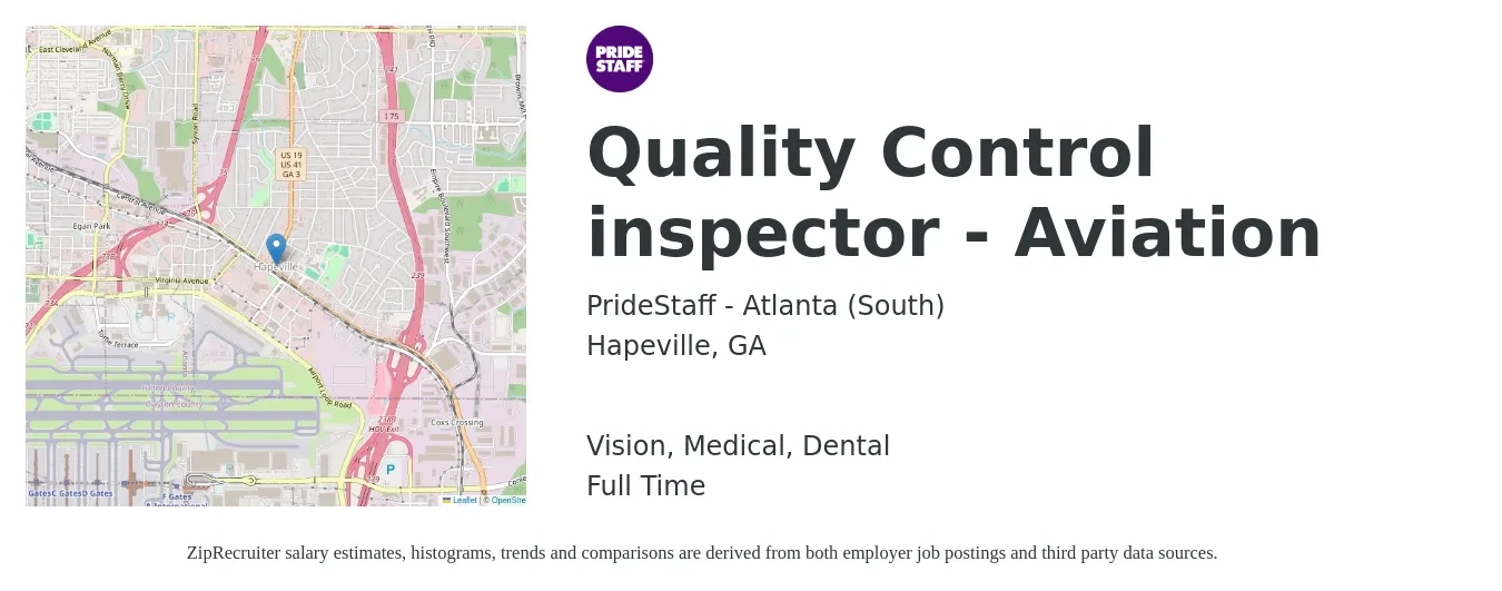 PrideStaff - Atlanta (South) job posting for a Quality Control inspector - Aviation in Hapeville, GA with a salary of $17 to $24 Hourly and benefits including dental, medical, retirement, and vision with a map of Hapeville location.