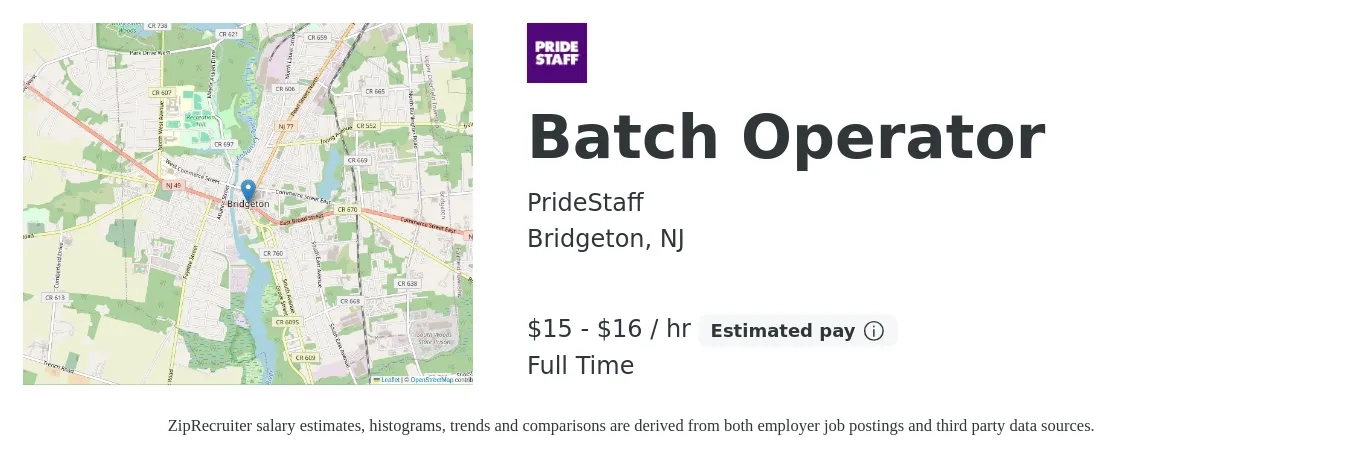 PrideStaff job posting for a Batch Operator in Bridgeton, NJ with a salary of $16 to $17 Hourly with a map of Bridgeton location.