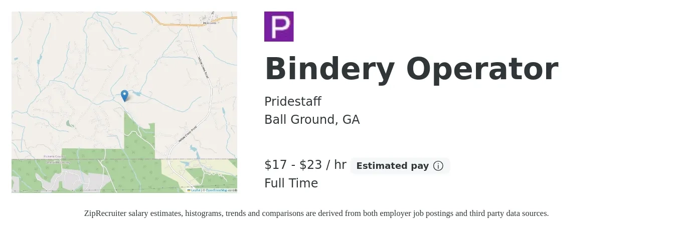 Pridestaff job posting for a Bindery Operator in Ball Ground, GA with a salary of $18 to $24 Hourly with a map of Ball Ground location.