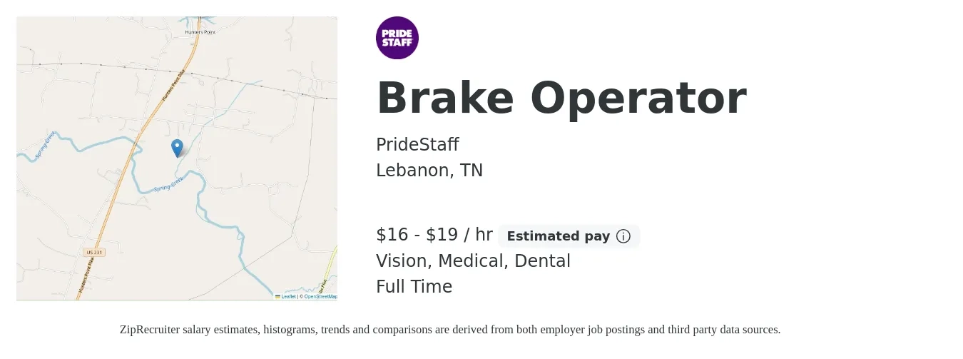 PrideStaff job posting for a Brake Operator in Lebanon, TN with a salary of $17 to $20 Hourly and benefits including medical, pto, vision, and dental with a map of Lebanon location.