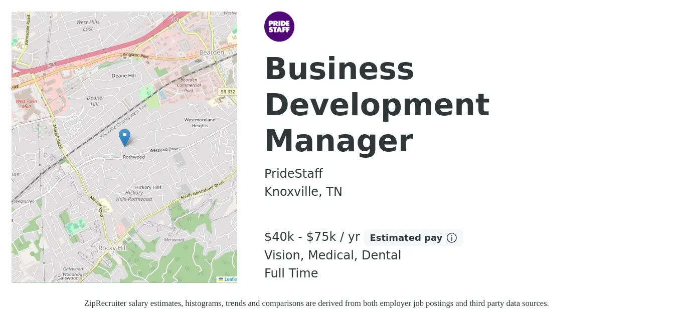 PrideStaff job posting for a Business Development Manager in Knoxville, TN with a salary of $40,000 to $75,000 Yearly (plus commission) and benefits including vision, dental, medical, and pto with a map of Knoxville location.