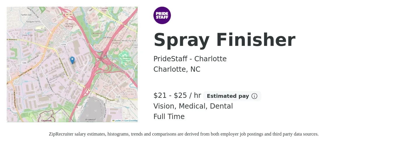 PrideStaff - Charlotte job posting for a Spray Finisher in Charlotte, NC with a salary of $22 to $26 Hourly and benefits including medical, retirement, vision, and dental with a map of Charlotte location.