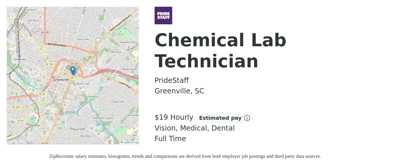 PrideStaff job posting for a Chemical Lab Technician in Greenville, SC with a salary of $20 Hourly and benefits including retirement, vision, dental, life_insurance, and medical with a map of Greenville location.