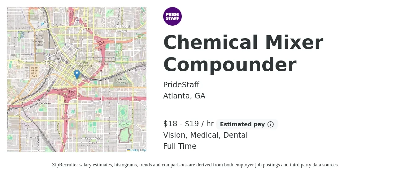 PrideStaff job posting for a Chemical Mixer Compounder in Atlanta, GA with a salary of $19 to $20 Hourly and benefits including dental, life_insurance, medical, retirement, and vision with a map of Atlanta location.