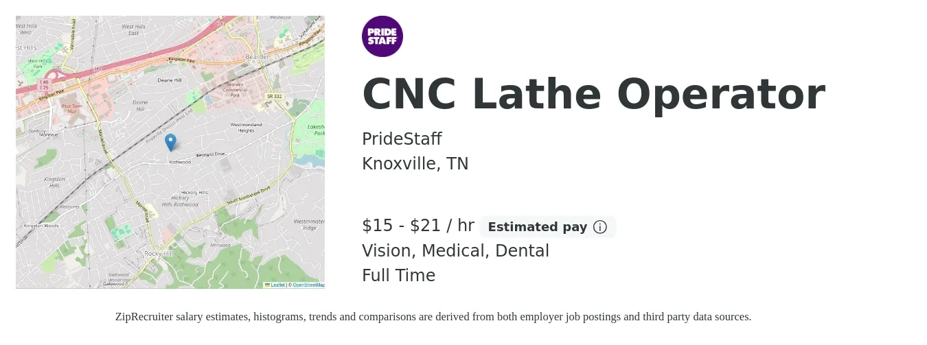 PrideStaff job posting for a CNC Lathe Operator in Knoxville, TN with a salary of $16 to $22 Hourly and benefits including dental, medical, and vision with a map of Knoxville location.