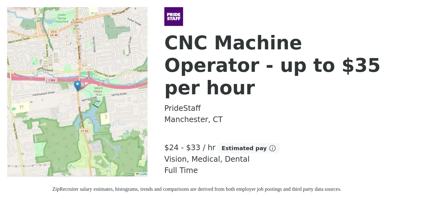 PrideStaff job posting for a CNC Machine Operator - up to $35 per hour in Manchester, CT with a salary of $25 to $35 Hourly and benefits including retirement, vision, dental, life_insurance, and medical with a map of Manchester location.