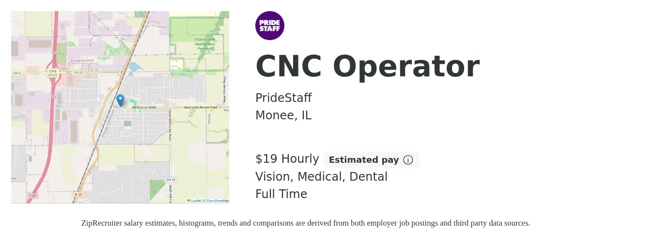 PrideStaff job posting for a CNC Operator in Monee, IL with a salary of $20 Hourly and benefits including dental, medical, and vision with a map of Monee location.