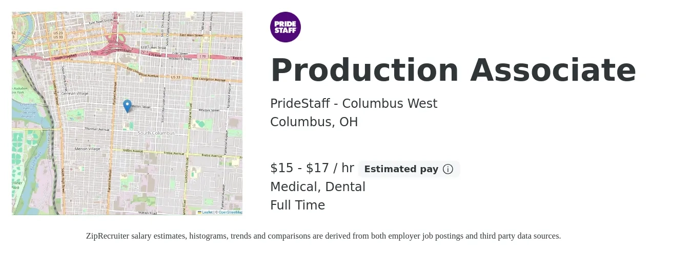PrideStaff - Columbus West job posting for a Production Associate in Columbus, OH with a salary of $16 to $18 Hourly and benefits including dental, medical, and retirement with a map of Columbus location.