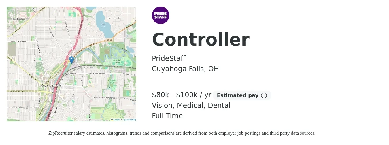 PrideStaff job posting for a Controller in Cuyahoga Falls, OH with a salary of $80,000 to $100,000 Yearly and benefits including dental, life_insurance, medical, retirement, and vision with a map of Cuyahoga Falls location.