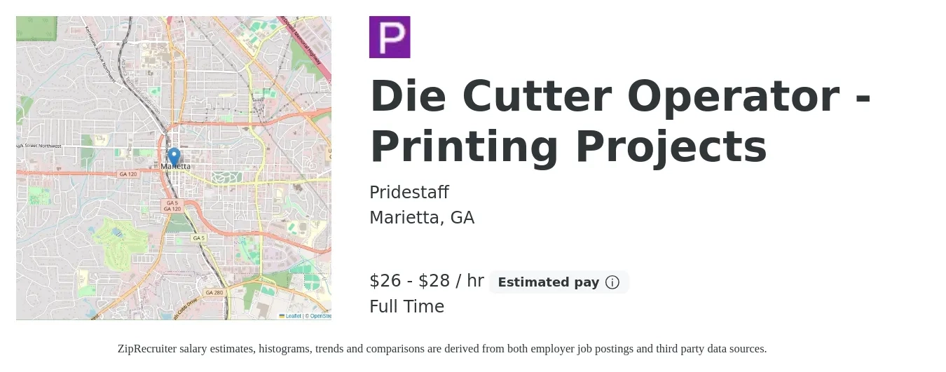 Pridestaff job posting for a Die Cutter Operator - Printing Projects in Marietta, GA with a salary of $28 to $30 Hourly with a map of Marietta location.