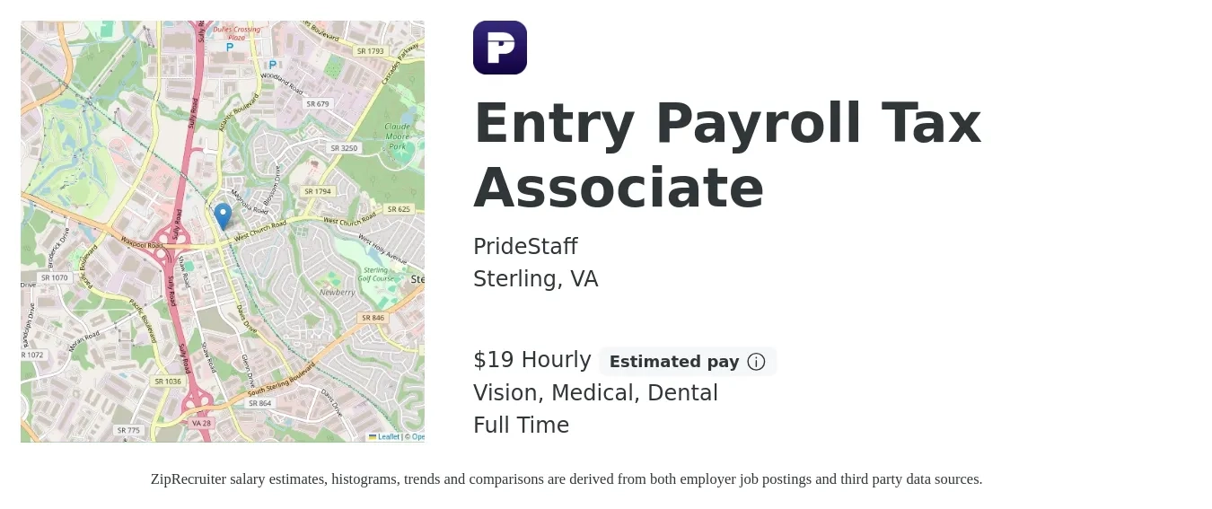 PrideStaff job posting for a Entry Payroll Tax Associate in Sterling, VA with a salary of $20 Hourly and benefits including vision, dental, life_insurance, medical, and pto with a map of Sterling location.
