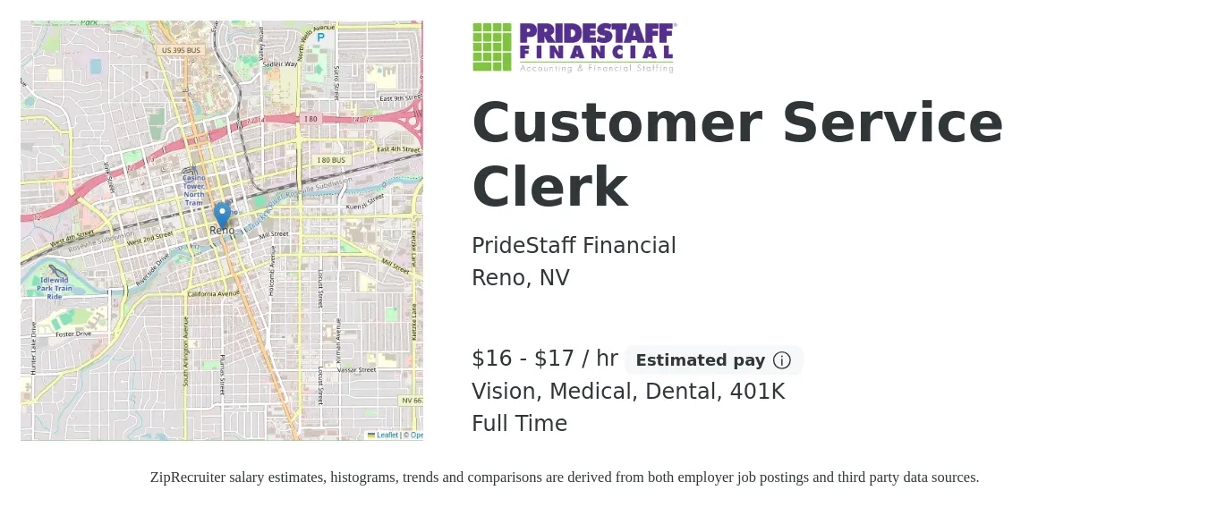 PrideStaff Financial job posting for a Customer Service Clerk in Reno, NV with a salary of $17 to $18 Hourly and benefits including dental, medical, vision, and 401k with a map of Reno location.