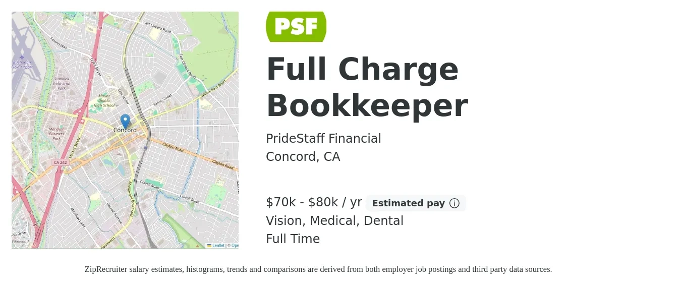 PrideStaff Financial job posting for a Full Charge Bookkeeper in Concord, CA with a salary of $70,000 to $80,000 Yearly and benefits including retirement, vision, dental, and medical with a map of Concord location.
