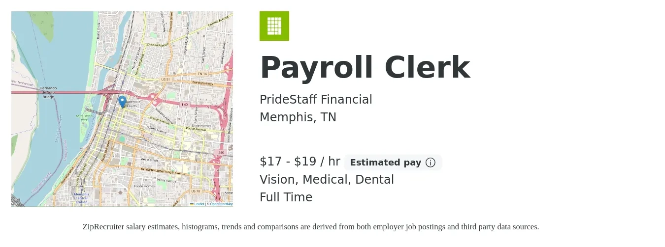 PrideStaff Financial job posting for a Payroll Clerk in Memphis, TN with a salary of $18 to $20 Hourly and benefits including life_insurance, medical, retirement, vision, and dental with a map of Memphis location.