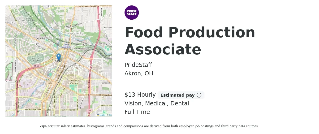 PrideStaff job posting for a Food Production Associate in Akron, OH with a salary of $14 Hourly and benefits including retirement, vision, dental, life_insurance, and medical with a map of Akron location.