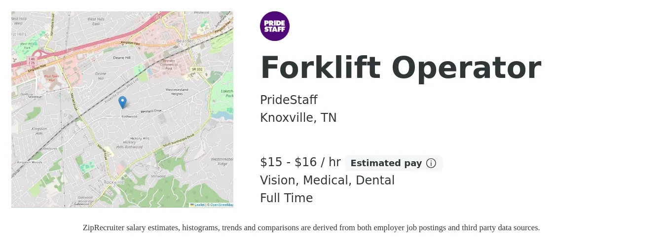 PrideStaff job posting for a Forklift Operator in Knoxville, TN with a salary of $16 to $17 Hourly and benefits including medical, vision, and dental with a map of Knoxville location.