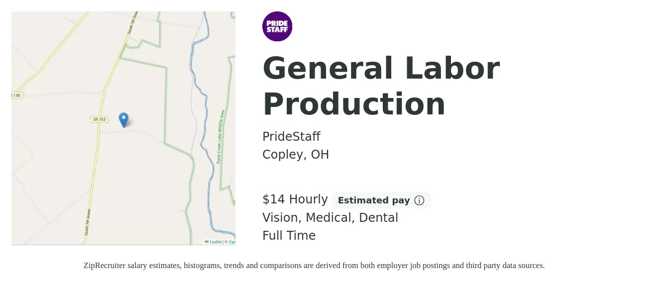 PrideStaff job posting for a General Labor Production in Copley, OH with a salary of $15 Hourly and benefits including retirement, vision, dental, life_insurance, and medical with a map of Copley location.