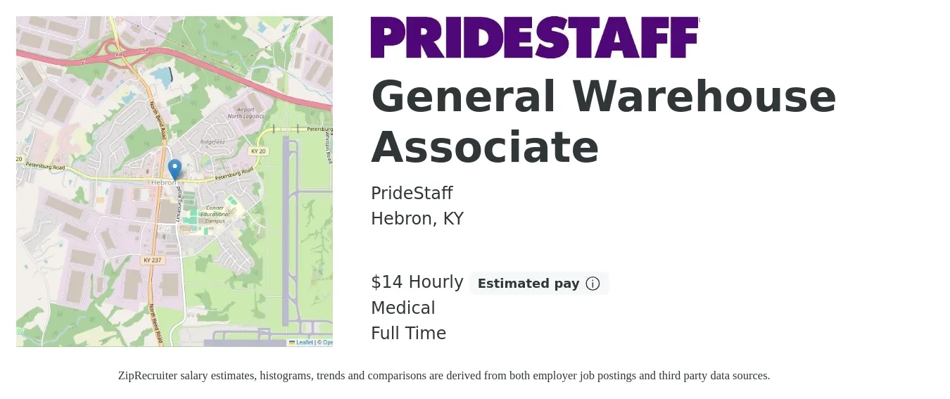 PrideStaff job posting for a General Warehouse Associate in Hebron, KY with a salary of $15 to $16 Hourly and benefits including life_insurance, medical, and retirement with a map of Hebron location.