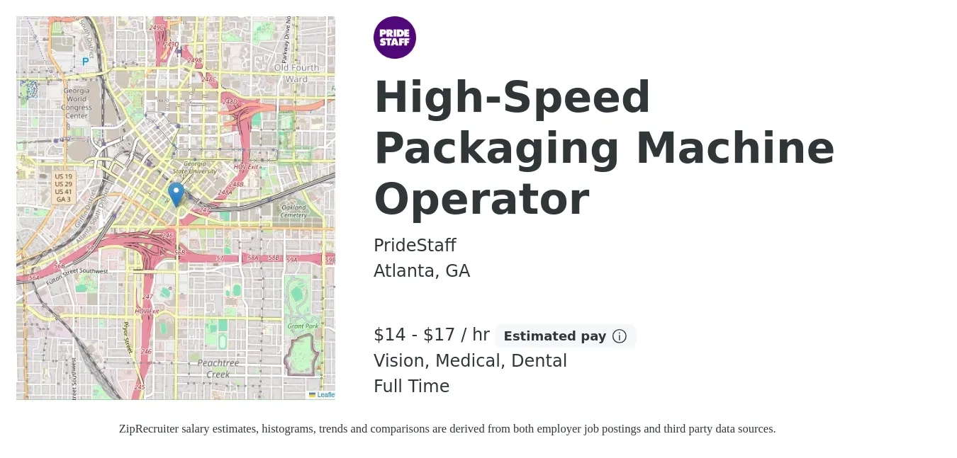 PrideStaff job posting for a High-Speed Packaging Machine Operator in Atlanta, GA with a salary of $15 to $18 Hourly and benefits including dental, life_insurance, medical, retirement, and vision with a map of Atlanta location.