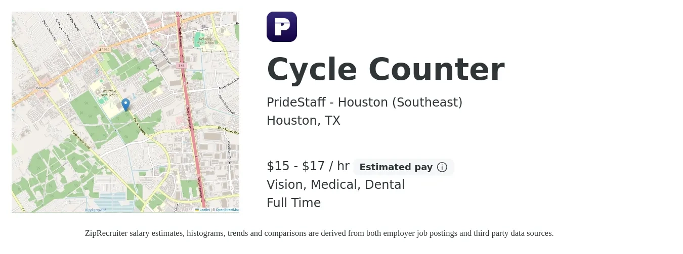 PrideStaff - Houston (Southeast) job posting for a Cycle Counter in Houston, TX with a salary of $16 to $18 Hourly and benefits including retirement, vision, dental, life_insurance, medical, and pto with a map of Houston location.