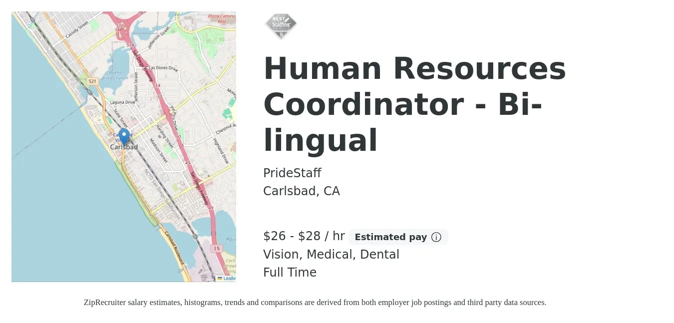 PrideStaff job posting for a Human Resources Coordinator - Bi-lingual in Carlsbad, CA with a salary of $28 to $30 Hourly and benefits including medical, retirement, vision, and dental with a map of Carlsbad location.