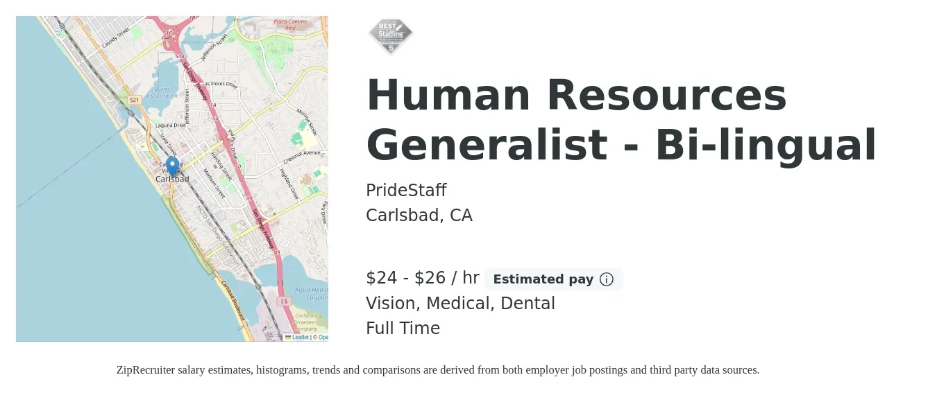PrideStaff job posting for a Human Resources Generalist - Bi-lingual in Carlsbad, CA with a salary of $25 to $28 Hourly and benefits including retirement, vision, dental, and medical with a map of Carlsbad location.