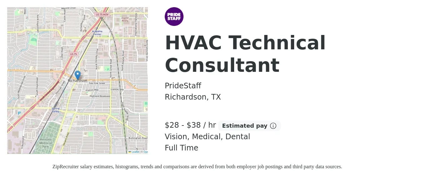 PrideStaff job posting for a HVAC Technical Consultant in Richardson, TX with a salary of $30 to $40 Hourly and benefits including dental, medical, pto, retirement, and vision with a map of Richardson location.