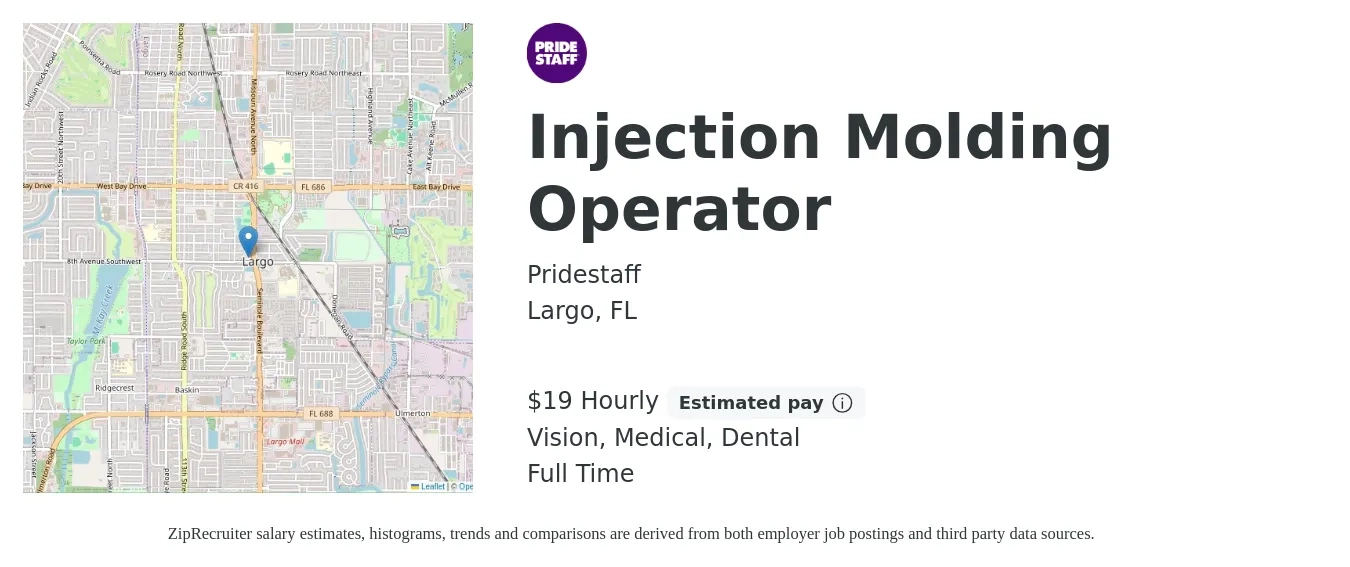 Pridestaff job posting for a Injection Molding Operator in Largo, FL with a salary of $20 Hourly and benefits including life_insurance, medical, retirement, vision, and dental with a map of Largo location.