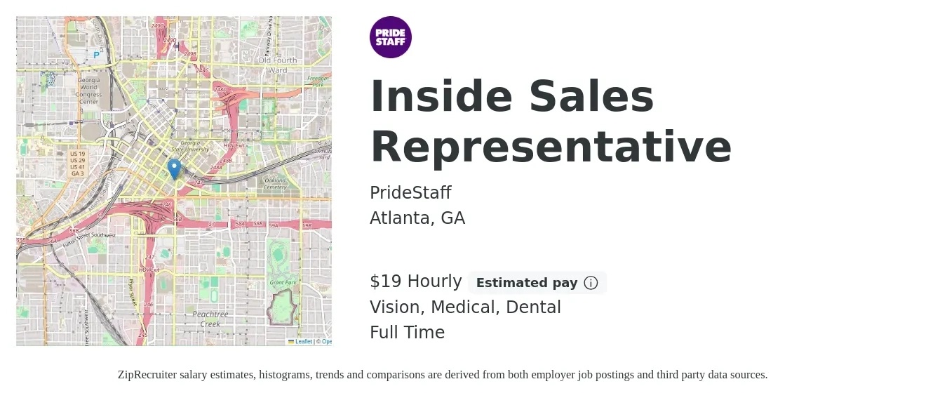 PrideStaff job posting for a Inside Sales Representative in Atlanta, GA with a salary of $20 Hourly and benefits including life_insurance, medical, retirement, vision, and dental with a map of Atlanta location.
