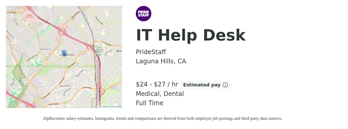 PrideStaff job posting for a IT Help Desk in Laguna Hills, CA with a salary of $25 to $29 Hourly and benefits including dental, medical, and retirement with a map of Laguna Hills location.