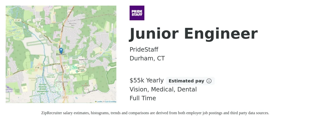 PrideStaff job posting for a Junior Engineer in Durham, CT with a salary of $55,000 Yearly and benefits including vision, dental, life_insurance, medical, and retirement with a map of Durham location.