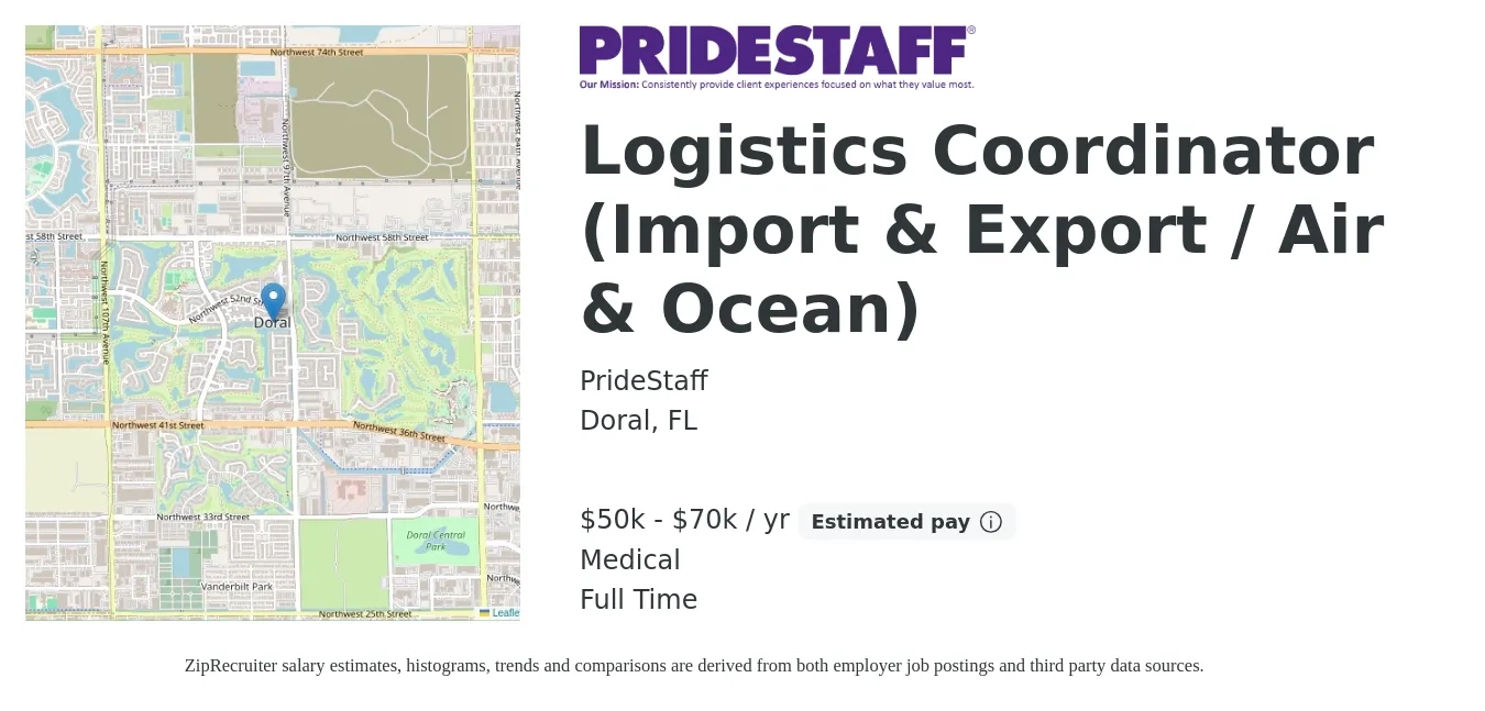 PrideStaff job posting for a Logistics Coordinator (Import & Export / Air & Ocean) in Doral, FL with a salary of $50,000 to $75,000 Yearly and benefits including medical with a map of Doral location.