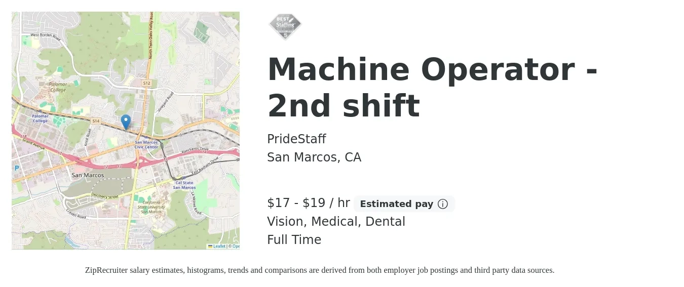 PrideStaff job posting for a Machine Operator - 2nd shift in San Marcos, CA with a salary of $18 to $20 Hourly and benefits including medical, retirement, vision, and dental with a map of San Marcos location.