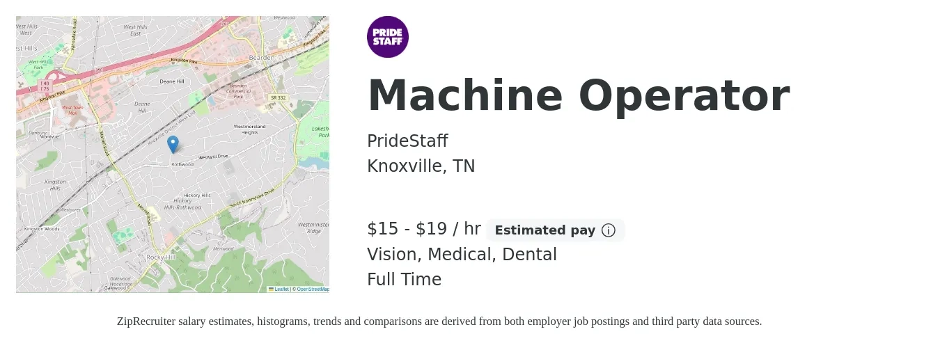 PrideStaff job posting for a Machine Operator in Knoxville, TN with a salary of $16 to $20 Hourly and benefits including medical, vision, and dental with a map of Knoxville location.