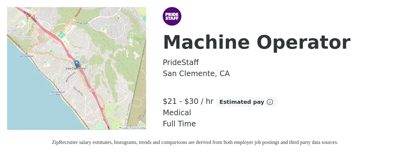 PrideStaff job posting for a Machine Operator in San Clemente, CA with a salary of $22 to $32 Hourly and benefits including medical with a map of San Clemente location.